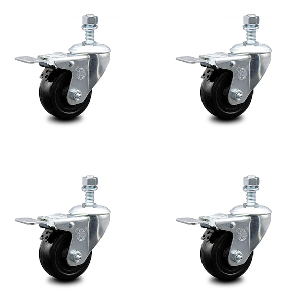 3 Inch Hard Rubber Swivel 12mm Threaded Stem Caster Set Total Lock Brake SCC
